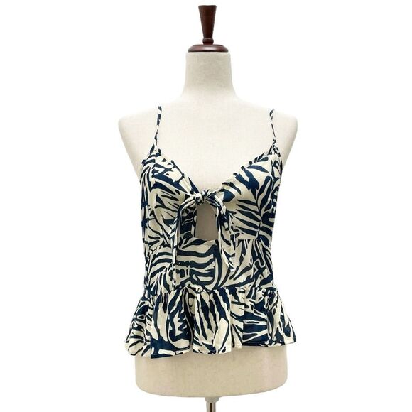 NWT Patrons of Peace Tie Front Tropical Peplum Tank Sea Blue & Cream Size Small - Picture 1 of 14